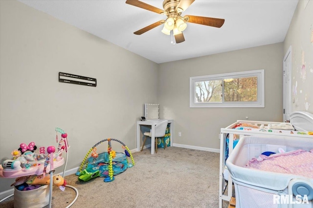 carpeted bedroom featuring ceiling fan