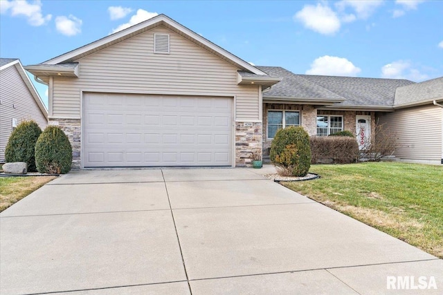 ranch-style house with a garage and a front lawn