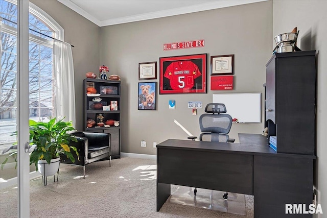 carpeted office with ornamental molding