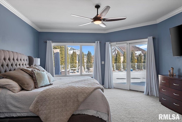 carpeted bedroom featuring ornamental molding, access to outside, and ceiling fan