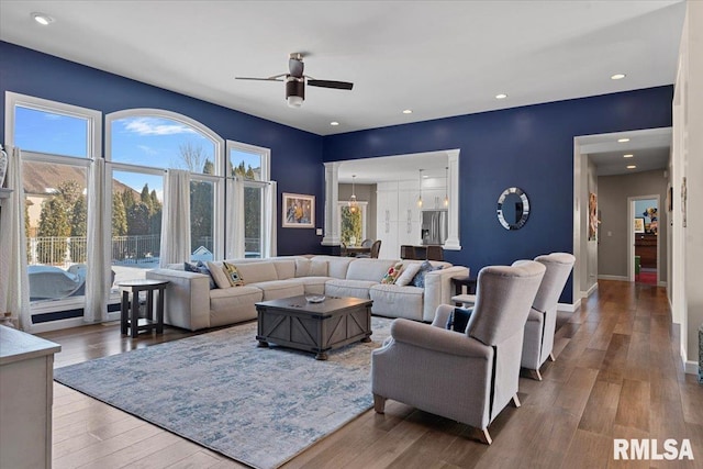 living room with ceiling fan and hardwood / wood-style floors