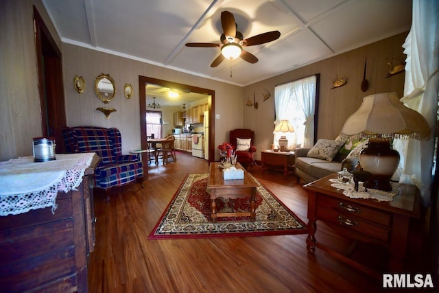 living room with hardwood / wood-style flooring, a wealth of natural light, ornamental molding, and ceiling fan