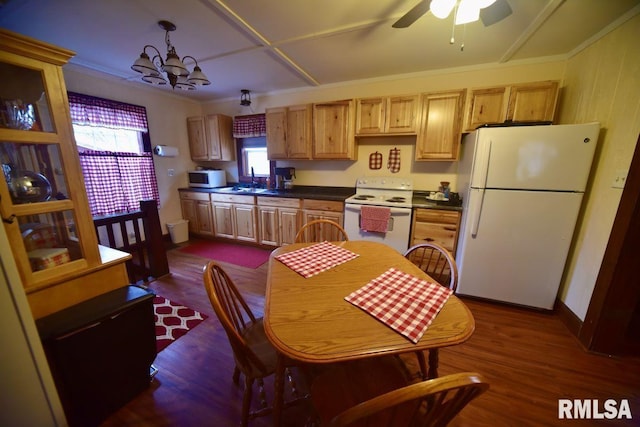 kitchen featuring sink, dark hardwood / wood-style floors, ceiling fan with notable chandelier, and white appliances