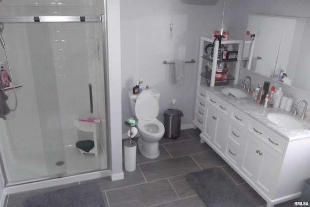 bathroom with double vanity, a shower stall, toilet, and a sink