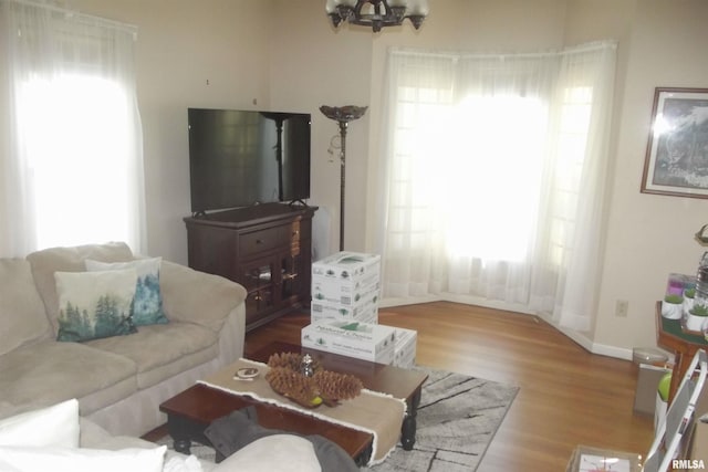 living room featuring an inviting chandelier, a healthy amount of sunlight, and wood finished floors