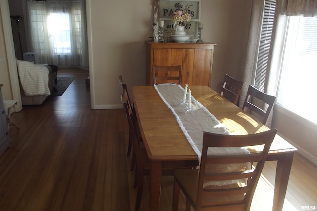 dining room featuring plenty of natural light, wood finished floors, and baseboards