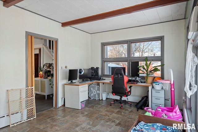 office space with beamed ceiling