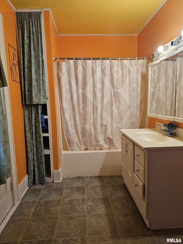 bathroom with shower / bath combination with curtain and vanity