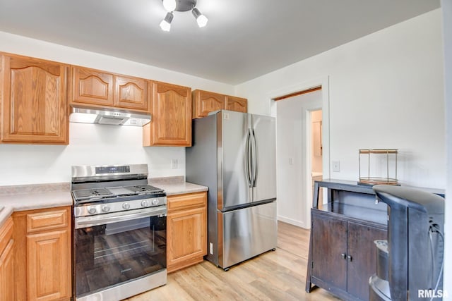 kitchen featuring light countertops, light wood finished floors, under cabinet range hood, and stainless steel appliances