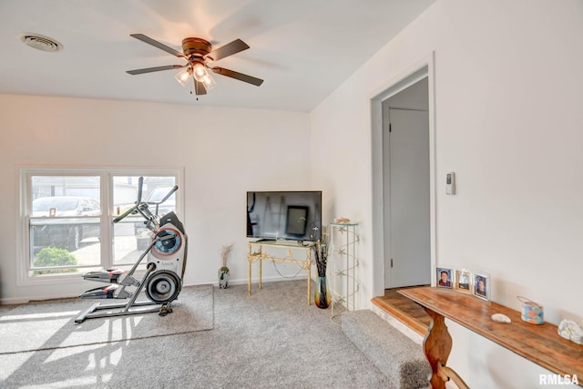 exercise room with baseboards, ceiling fan, carpet, and visible vents