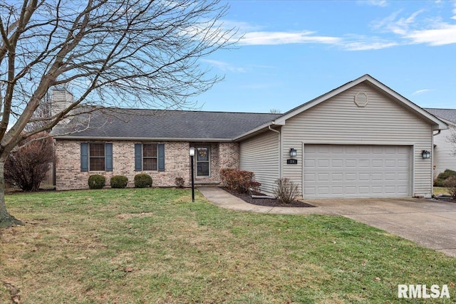 ranch-style home featuring a garage and a front yard