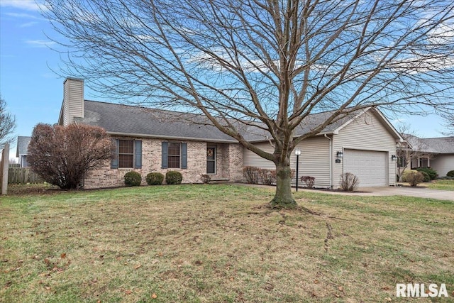 ranch-style home with a front lawn and a garage