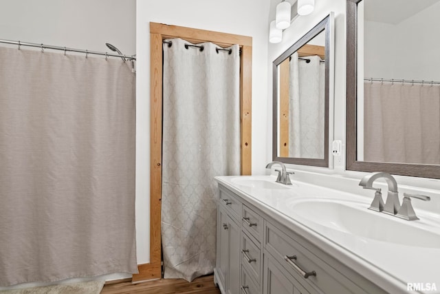 bathroom featuring vanity and hardwood / wood-style floors