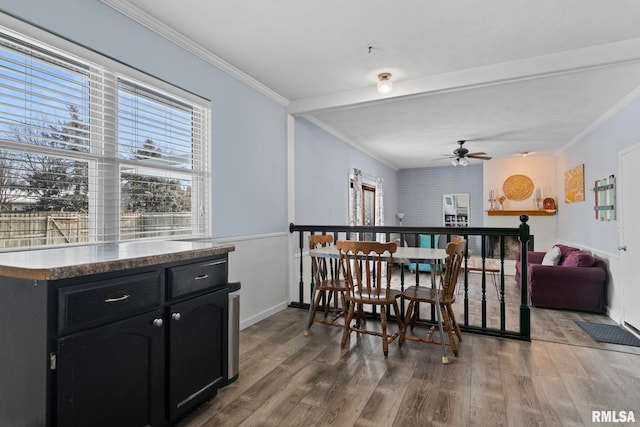 dining space featuring a wainscoted wall, dark wood-style flooring, ceiling fan, and ornamental molding