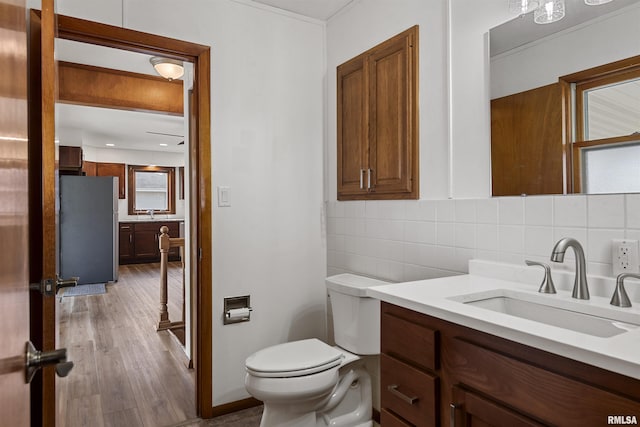 bathroom featuring vanity, tasteful backsplash, wood finished floors, and toilet