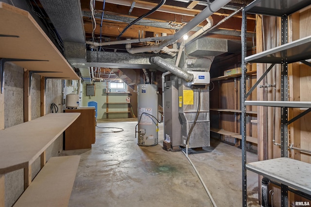 below grade area featuring water heater, electric panel, and heating unit