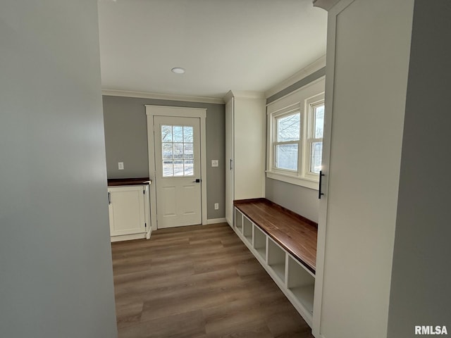 mudroom with baseboards, ornamental molding, and wood finished floors