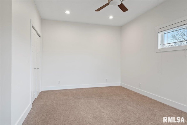 unfurnished room featuring baseboards, carpet, a ceiling fan, and recessed lighting