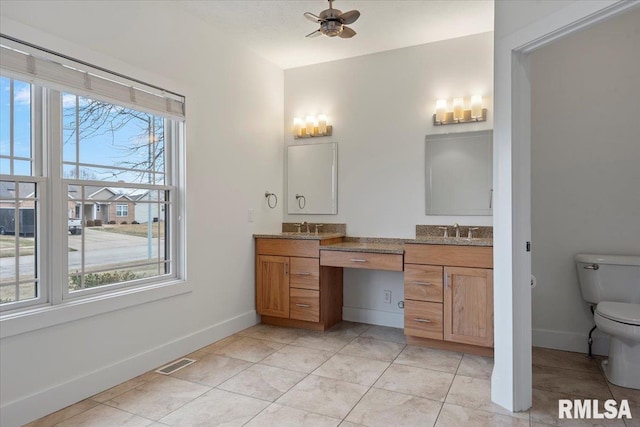 bathroom featuring ceiling fan, toilet, visible vents, baseboards, and double vanity