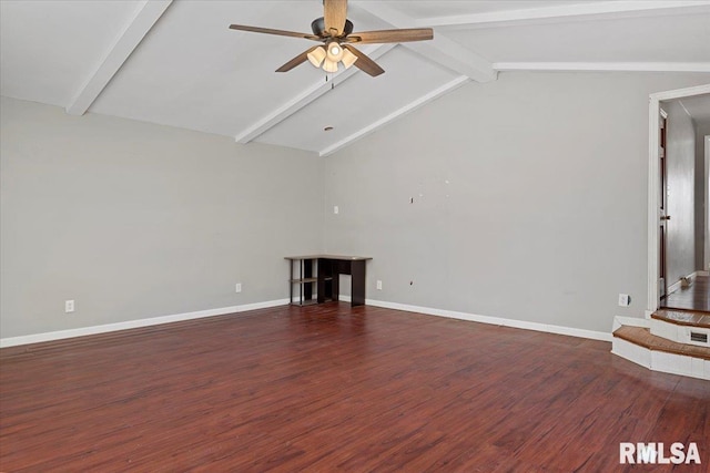 unfurnished living room with lofted ceiling with beams, ceiling fan, baseboards, and dark wood-type flooring