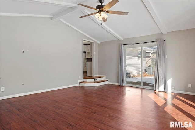 unfurnished living room with vaulted ceiling with beams, ceiling fan, baseboards, and dark wood finished floors