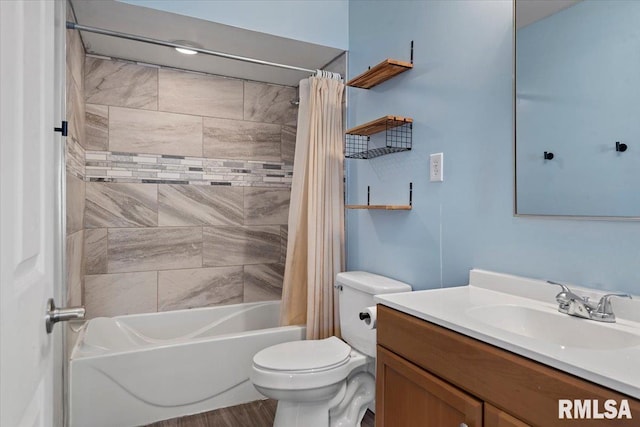 bathroom featuring shower / bath combination with curtain, vanity, and toilet