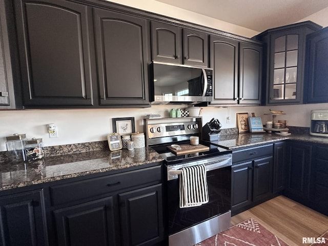 kitchen featuring light wood finished floors, glass insert cabinets, stainless steel appliances, and dark stone counters