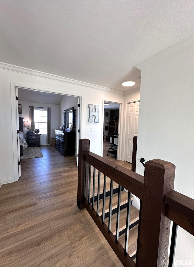 corridor featuring wood finished floors and an upstairs landing