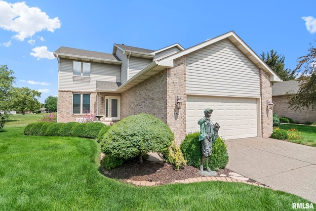 view of front of home featuring brick siding, roof with shingles, concrete driveway, a front yard, and a garage