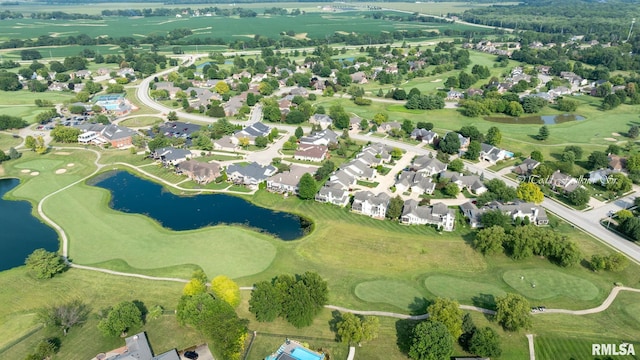 birds eye view of property with a residential view, view of golf course, and a water view