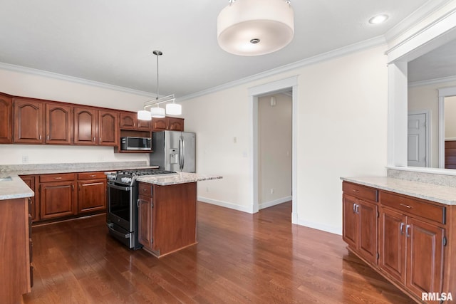 kitchen featuring stainless steel appliances, dark wood-type flooring, a kitchen island, hanging light fixtures, and ornamental molding