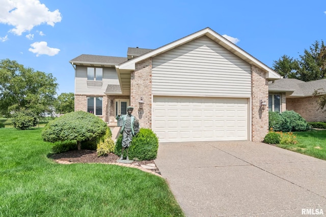 view of front of house with a front yard, concrete driveway, brick siding, and an attached garage