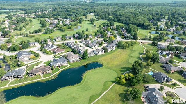 aerial view with a water view, a residential view, and golf course view