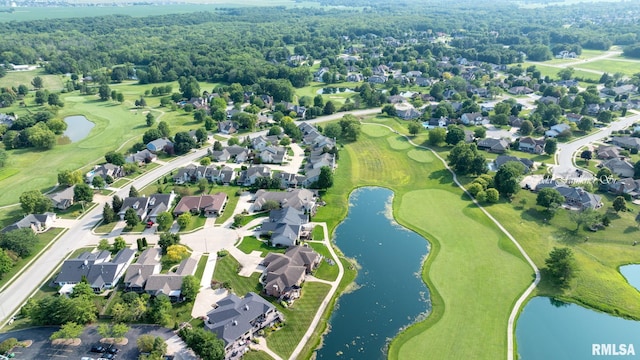 aerial view with a water view, a residential view, and golf course view