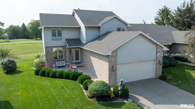 view of front of home with an attached garage, brick siding, concrete driveway, roof with shingles, and a front lawn