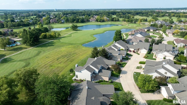 aerial view featuring a residential view, view of golf course, and a water view