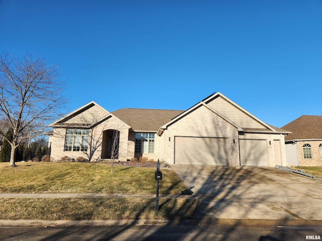 view of front facade featuring concrete driveway, brick siding, an attached garage, and a front yard