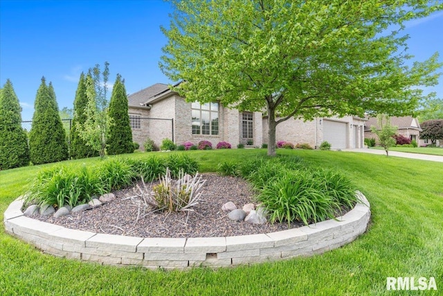 obstructed view of property featuring a garage, fence, driveway, and a front lawn