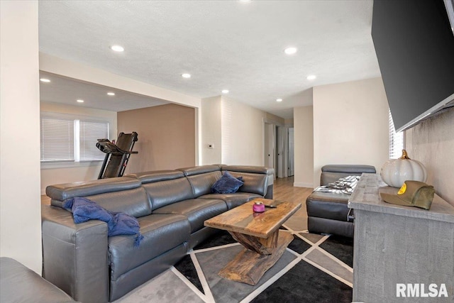 living area featuring wood finished floors and recessed lighting