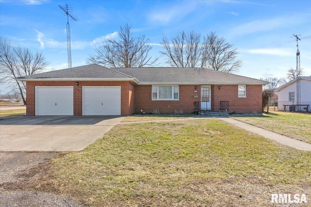 single story home featuring driveway, a garage, roof with shingles, a front lawn, and brick siding