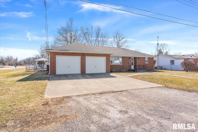 single story home with brick siding, a shingled roof, a garage, driveway, and a front lawn