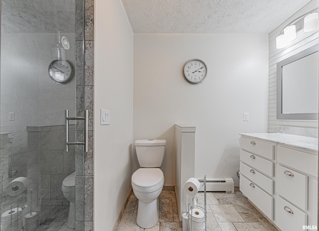 full bath featuring a baseboard heating unit, a shower stall, vanity, and toilet