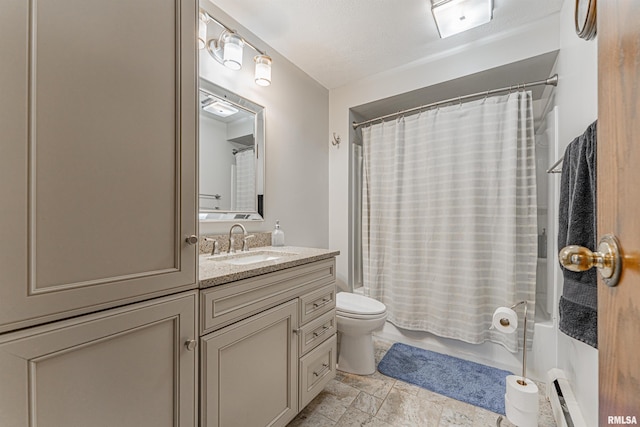 full bath with shower / tub combo, a baseboard radiator, vanity, and toilet