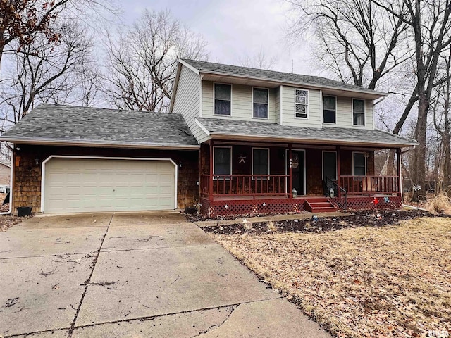 view of front of home with driveway, an attached garage, a porch, and roof with shingles