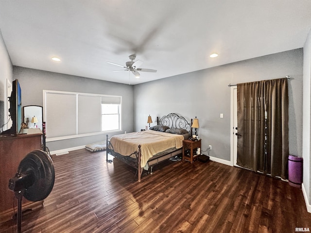 bedroom with dark wood-style floors, ceiling fan, baseboards, and recessed lighting