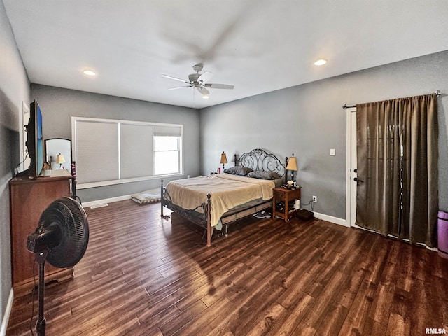 bedroom with dark wood-style floors, baseboards, a ceiling fan, and recessed lighting