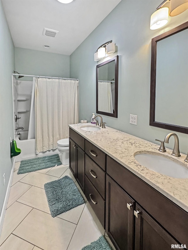 full bath with tile patterned flooring, a sink, toilet, and shower / bathtub combination with curtain