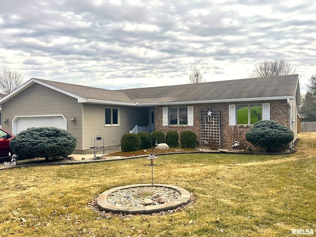 ranch-style house with a garage, brick siding, and a front yard