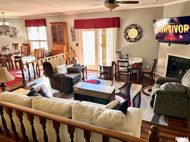 living room featuring crown molding, a fireplace, a textured ceiling, wood finished floors, and ceiling fan with notable chandelier