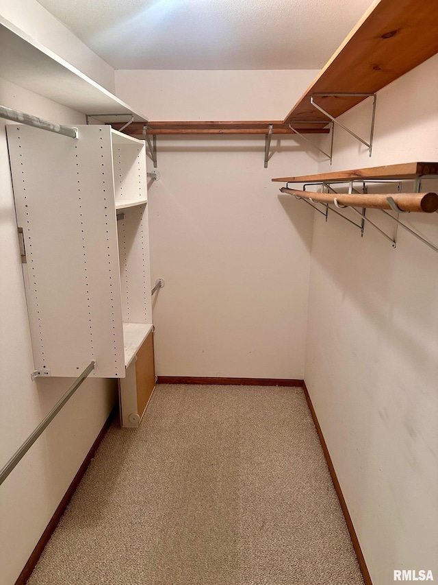 walk in closet with light colored carpet